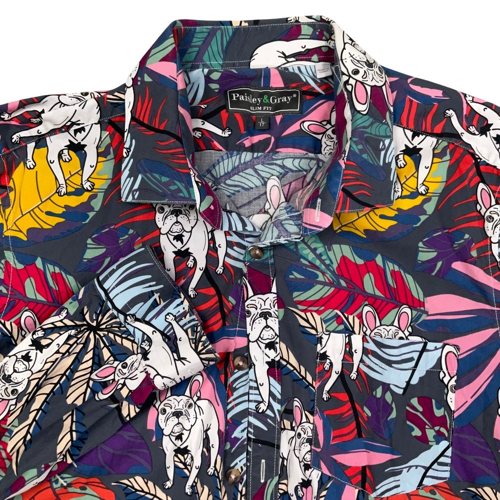 Paisley & Gray French Bulldog Shirt Mens L/17 Multicolor Tropical Slim Statement